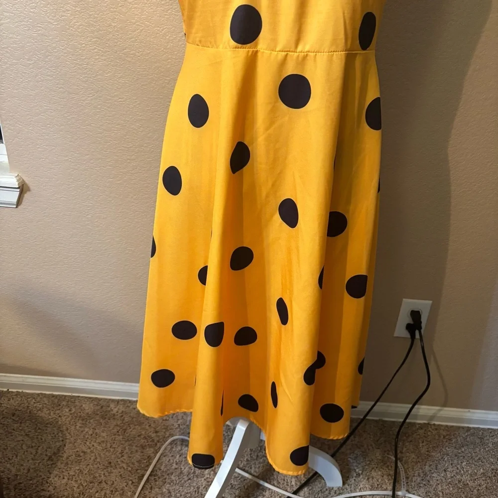 Yellow Polka Dot Dress Large Midi Sleeveless Faux Wrap Black Dots Cotton Poly - Picture 4 of 16